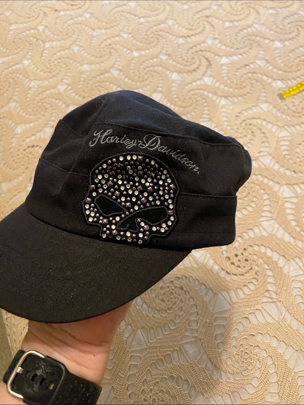 Harley-Davidson Black Cadet Hat with Crystal Willy G Skull Patch
